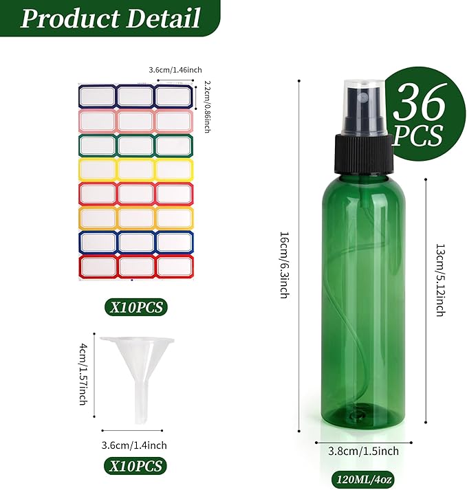 36 Pack Fine Mist Small Spray Bottles 4 oz/120 ml Plastic Spray Bottles, Empty Small Travel Spray Bottle, Refillable Mini Sprayer Bottle Bulk with Funnels and Labels, Green