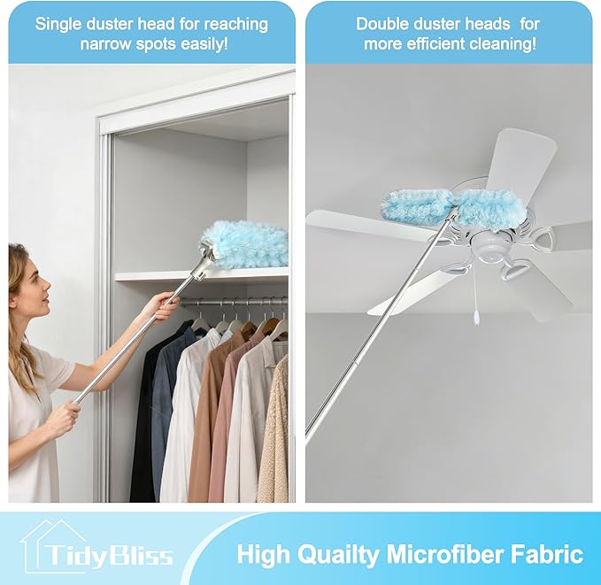 TidyBliss 6 ft Extendable Dusters for Cleaning Compatible with Swiffer, Super Long Handle Dusting Wand Kit with 10 Refills, 360 Degree Heavy Duty Microfibers Dust Removing Tool for Ceiling Fan Wall