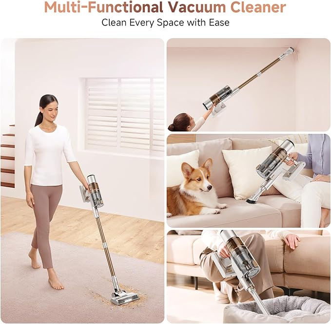 Clinkal Cordless Vacuum Cleaner: 40KPA Powerful Suction Cordless Stick Vacuum Cleaners for Home, Anti-Tangle Brush, Lightweight, 6-in-1 Rechargeable Vacuum for Pet Hair/Carpet/Hard Floor(Off-White)