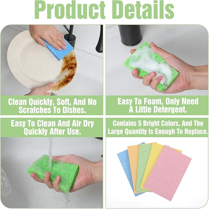 LIQWEI 15 Pcs Cellulose Sponges Kitchen, 5 Colors Non-Scratch Colorful Sponges, Compressed Sponge Kitchen Multipurpose Kitchens Sponge Pack for Kitchens, Bathroom, Cars, Funny Cut-Outs DIY