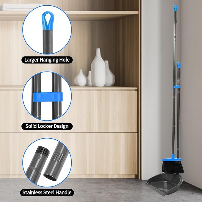 REEWII Broom and Dustpan Set ，Long Handle Broom with Upright Standing Dust pan for Indoor Outdoor Home Kitchen Office Floor Cleaning