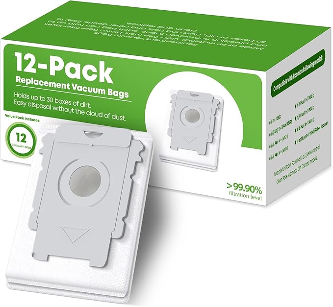 VBN 12 Pack Replacement Roomba Vacuum Bags, Compatible with iRobot Roomba 104 105 405 504 505 705 Combo 10 Max, i7+ i3+ i4+ i6+ i8+ j7+ s9+, i s j Series, All Clean Base Automatic Dirt Disposal Bags