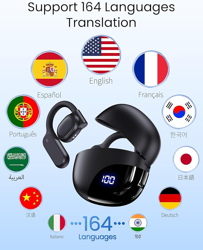 AI Translation Earbuds Real Time 164 Languages 80H Playtime Translator Ear Buds Audifonos Traductores Inglés Español Wireless Earphones Bluetooth Headphones for Travel Business Meeting Learning Black