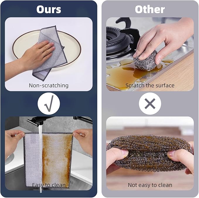 10 Pack Stainless Steel Scrubber, Reusable Diamond Weave Scrubber Cloths, Non-Scratch Heavy-Duty Metallic Fiber Cleaning Cloth for Kitchen, Multi-Use Dishwasher Rags