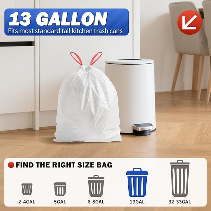 WINNER Trash Bags 13 Gallon, 20 Count Drawstring Tall Kitchen Garbage Bags, Unscented White Plastic Bags, Trash Can Wastebasket Bin Liners for Bathroom Apartment Office Home & Kitchen
