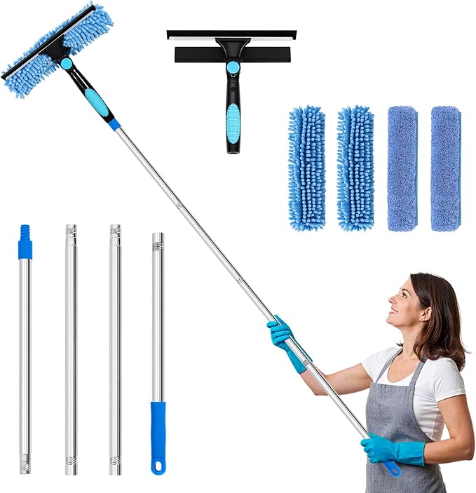 PHABULS Window Washing Kit with Extension Pole, 73’’ Window Cleaning Squeegee Kit, 3 in 1 Window Cleaning Kit with 2 Microfiber Pads & 2 Chenille Pads for Indoor Outdoor Windows