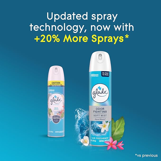 Glade Air Freshener Room Spray, Aqua Waves Scent, Odor Fighting to Deliver Long Lasting Freshness, 8 Oz, 6 Count