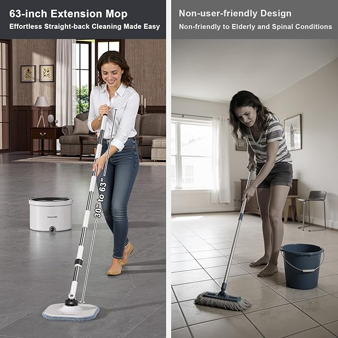 HoMettler Mop and Bucket Set, Spin Mop and Detachable Inner Mop Bucket with Separate Dirty/Clean Water System, Self-Wringing Square Mops for Floor/Wall Cleaning with 6 Microfiber Pads