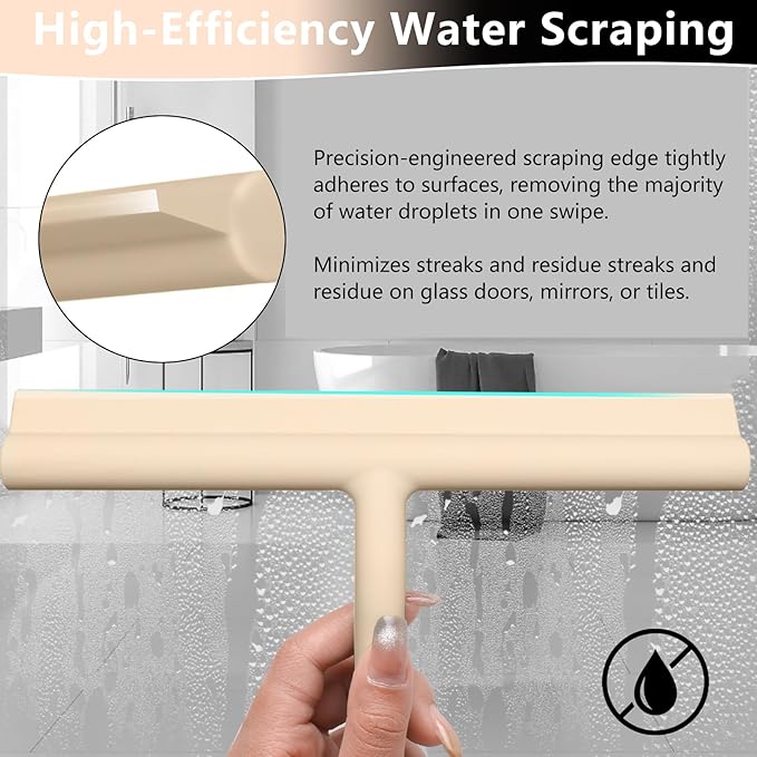 DEOFUXT Shower Squeegee for Glass Doors, Full Silicone Jacketed Squeegee with Ergonomic Handle & No-Drill Hook, Cleaning Tool for Windows, Mirrors, Tiles, Bathroom & Car - Beige