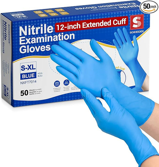 Schneider Nitrile Exam Gloves, Extended 12 Inches Cuff, X-Large, 50-ct Box, 4 mil, Gloves Disposable Latex Free, Powder Free for Medical, Food Prep, Cleaning, Cooking, Blue