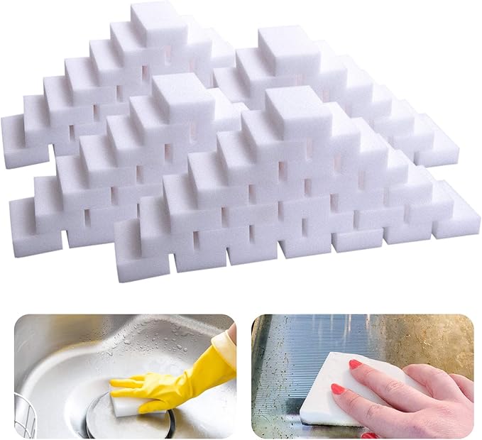 Magic Sponge Eraser, 100 Pack Melamine Foam Bulk Sponge Sheets - Bathroom, Oven, Shower, Glass, Dishes, Stove Top, Kitchen Sinks, Bathtub, Wall Tile, Baseboard Cleaner - White, Not Easily Rip
