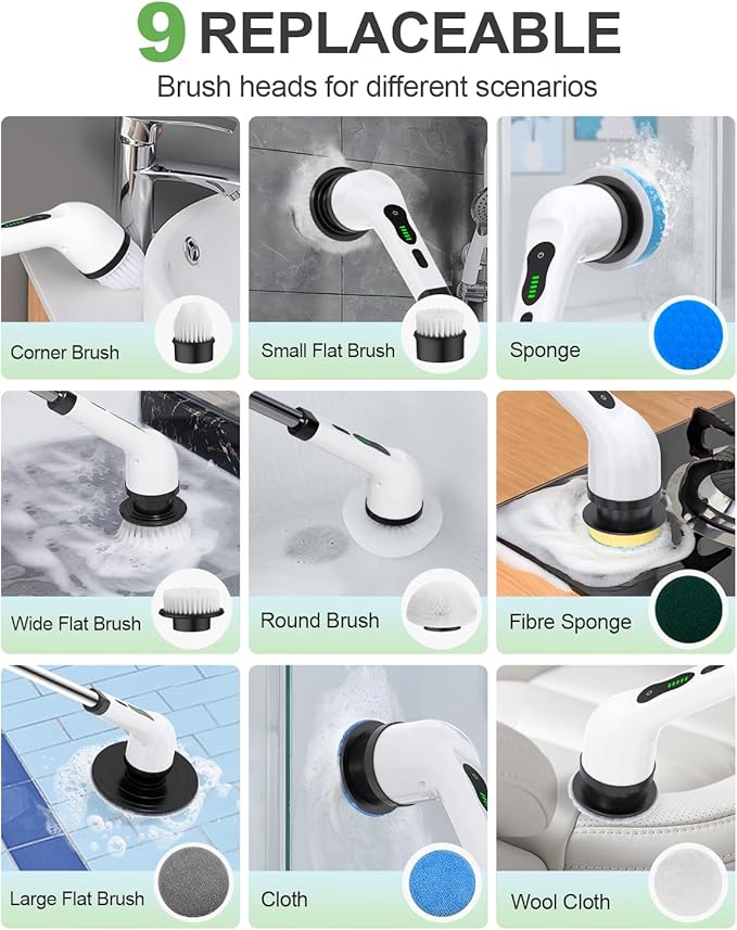 Electric Spin Scrubber, Cordless Cleaning Brush, Shower Scrubber with 9 Brush Heads 2H Power Dual Speed, Adjustable Extension Handle, IPX7 Waterproof for Tub Tile Floor Car, O-White.