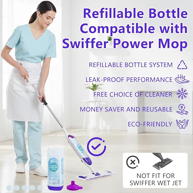 Refillable Bottle for Swiffer Power Mop Refills Solution Container, 775ML/26 FL OZ Reusable Cleaner Container, Empty, Leak-Proof, HDPE Power Mop Solution Bottle, Easy Install, Use Any Liquid Cleaner