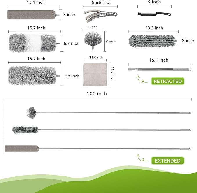MimAuto Professional 14-in-1 Cleaning System with 100-inch Pole, 4 Duster Heads, Flat & Cobweb Tools for Ceiling to Floor