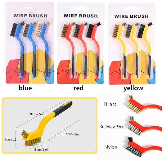 Wire Brush Set 3Pcs, Nylon/Brass/Stainless Steel Bristles with Curved Handle Grip for Cleaning with Curved Handle Grip for Rust Removal, Dirt, Paint Scrubbing Blue