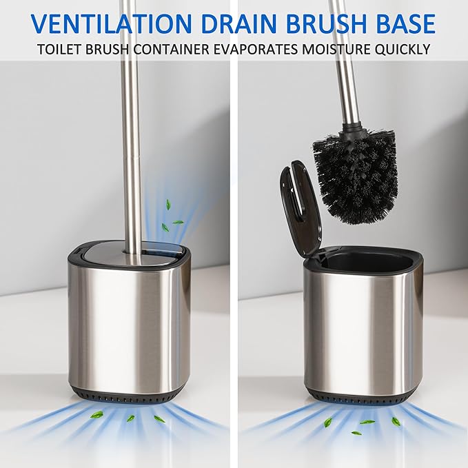 Leadfun Toilet Bowl Brush and Holder, Toilet Brush with Stainless Steel Handle and Durable Bristles for Bathroom Cleaning, Automatic Closing Holder Set (Silver)