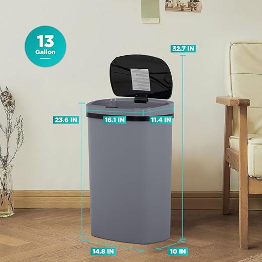 BestOffice | 13 Gallon Plastic Trash Can with Lid | Gray | Automatic Touchless Garbage Can | Odor Control | Modern Oval Design | Easy to Clean | Fits Any Kitchen, Bathroom, Office or Home