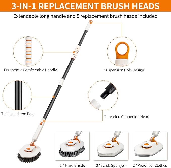 Tub Scrubber Brush with Long Handle, 3-in-1 Non Scratch Shower Scrubber Brush & 5 Detachable Replacement Brush Heads for Cleaning Bathroom, Tiles, Tub, Floor and Surfaces