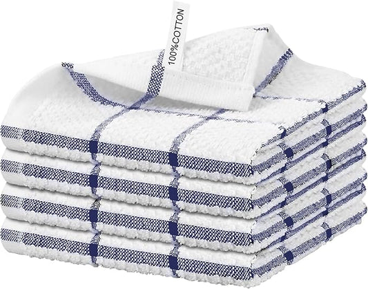 Nialnant 4PCS Cleaning Rags,100% Cotton Terry Dish Rags for Washing Dishes,Quick Drying Dish Cloths,Dish Towels for Kitchen,Navy Blue Plaid-12x12in