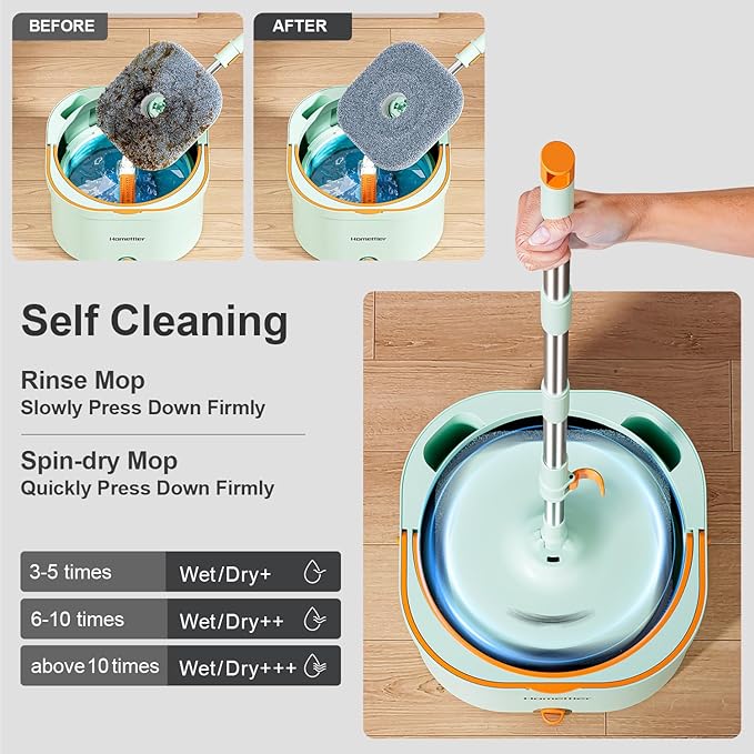 HoMettler Mop and Bucket Set | Spin Mop with Dual-Tank Clean/Dirty Water Separation | 4 Microfiber Pads for Deep-Cleaning Floors | Versatile Mops Triangular Head for Walls