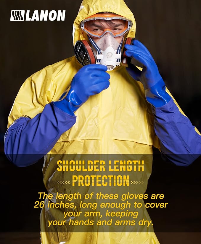 LANON 3 Pairs 26" Elbow Length PVC Chemical Resistant Gloves, Heavy-Duty Long Rubber Gloves, Acid, Alkali & Oil Protection, Large