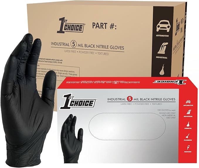 1st Choice Black Nitrile Gloves Disposable Latex-Free 5 Mil Textured for Cooking, Cleaning, Food Prep, Medium, Case of 1000
