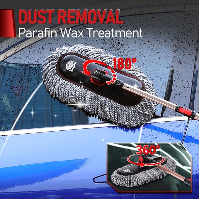 RIDE KINGS Car Duster Exterior Scratch Free with Extendable Handle, Microfiber Car Cleaning Brush for Dust Removal + Small Detailing Brush for Interior Care