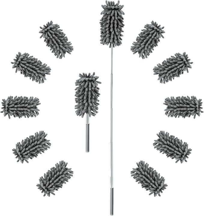 ZZ LAZYCOTTAGE 12 Pack High Duster with Extension Pole, Reusable & Washable Feather Duster, Microfiber Dusters for Cleaning for Ceiling Fan, Sofas, Ceiling, Car, Cabinet, Furniture, Blind(Gray)