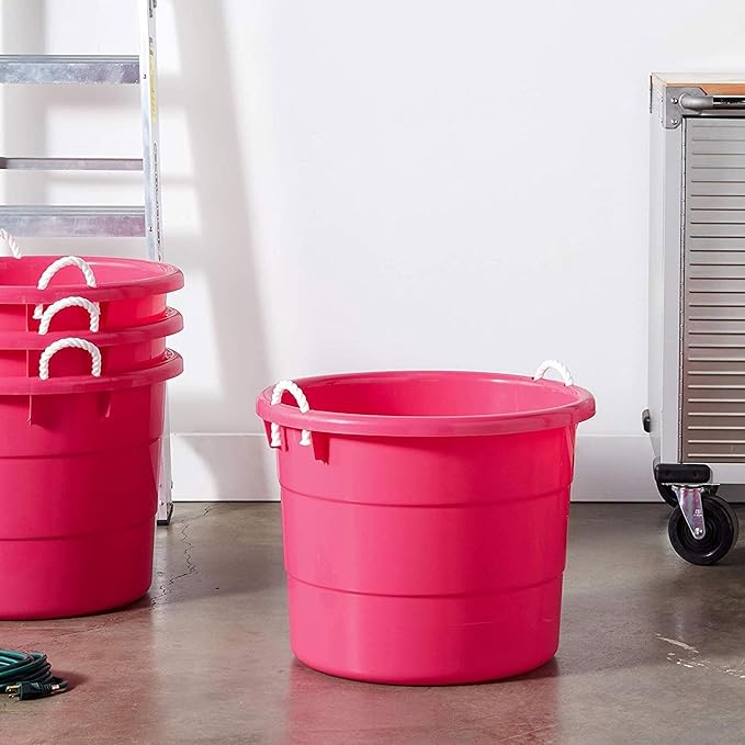 HOMZ 2-Pack Utility Tub, Large Plastic Storage Bucket with Rope Handles, 18 Gallon, Pink - Portable Indoor and Outdoor Buckets for Kitchen, Laundry, Garden, Bathroom, and Garage Organization