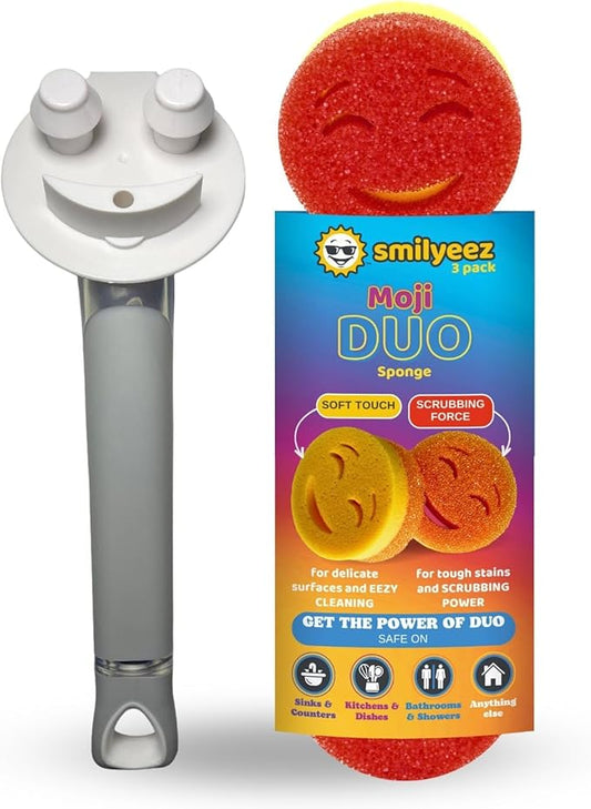 The Original Smiling Handle for Scrub Daddy (Reg. TM) Sponge and Scrub Moji Sponge (White Handle) & 3 Scrub Moji DUO's