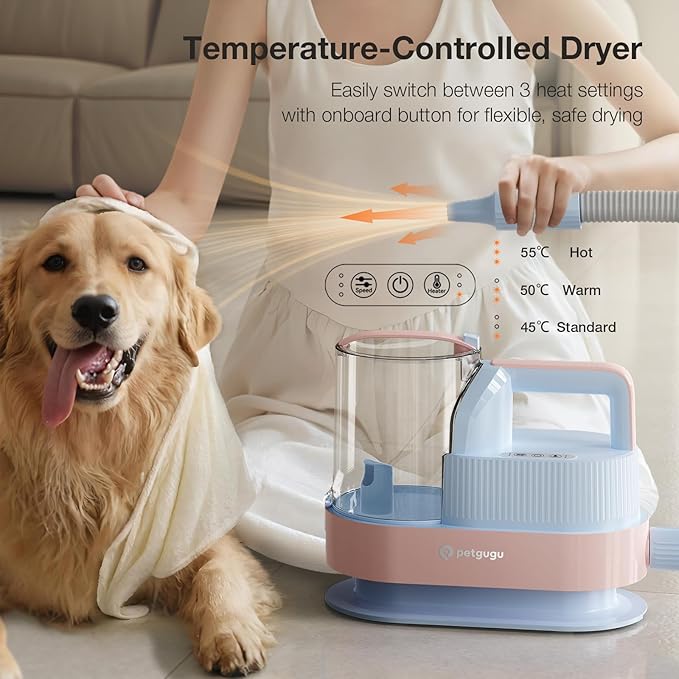 PETGUGU Dog Grooming Vacuum Kit with Clippers, 7-in-1 Pet Hair Grooming Set for Dogs, Hair Dryer with 3 Heat Settings, 11000Pa Suction, 2.5L Dustbin(Powder Blue & Pink)