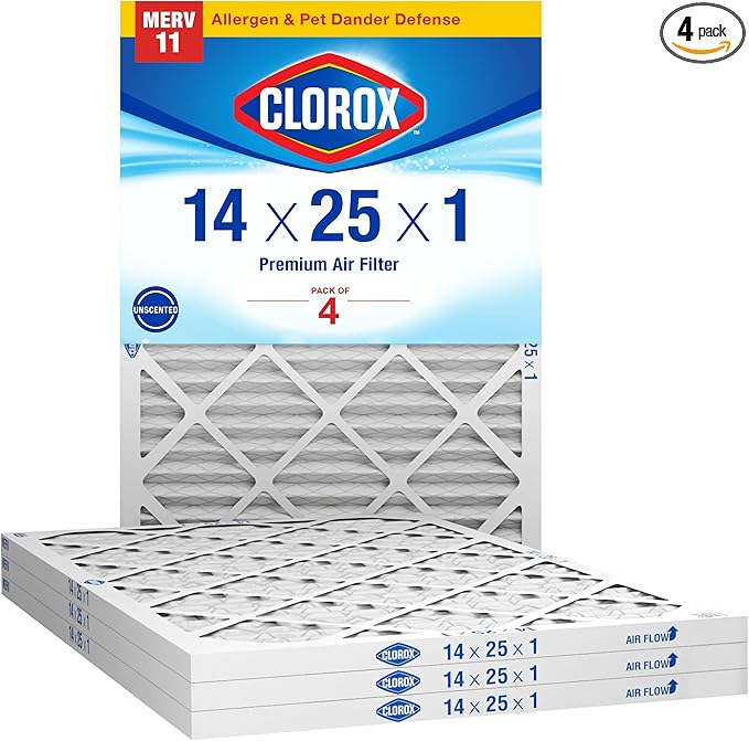 Clorox 14x25x1 Air Filter, MERV 11 Pleated HVAC AC Furnace Air Filters, MPR 1000 & FPR 7 – Pack of 4