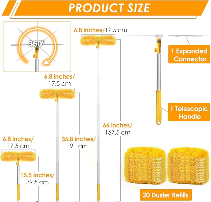 NEWE Dusters for Cleaning with 20 Refills for Flash, Extendable Handle Heavy Duty Dust Magnet for Swiffer with Microfibers, 360 Degree Multi-Surface Dusting Kit for Blinds Furniture (Yellow)