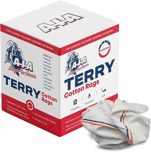 Angel-in-Armor White Striped Terry Rags (16" x 19") – 4lb Bulk Box of Cotton Cleaning Towels – Reusable Terry, Bar, Kitchen, Cleaning, Shop Rags – Low-Lint & Washable