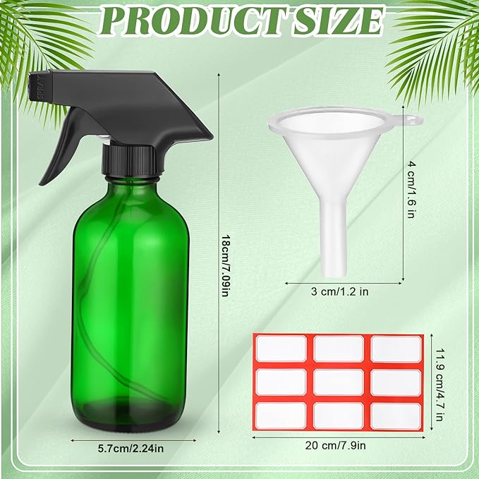 Norme 24 Pcs Glass Spray Bottles with Funnels and Labels 8 oz Refillable Cosmetic Empty Spray Containers with Trigger Squirt Containers for Essential Oil Cleaning Solutions(Green)