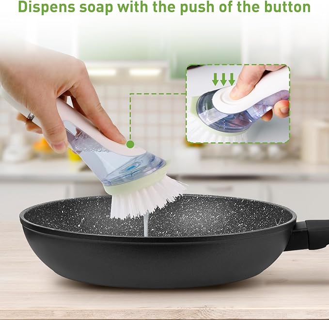 Soap Dispensing Dish Brush with 2 PCS Brush Refills, Dish Scrub Brush with Soap Dispenser, Dish Soap Brush for Dishes, Pans, Sink, Pots