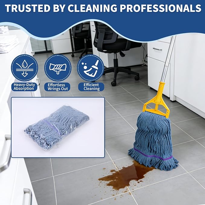 SLNNROA Blue Commercial Mop Head Replacement , Heavy-Duty Reusable and Washable Loop End Mops for Industrial Floor Cleaning on Hardwood and Concrete (4 Pack)
