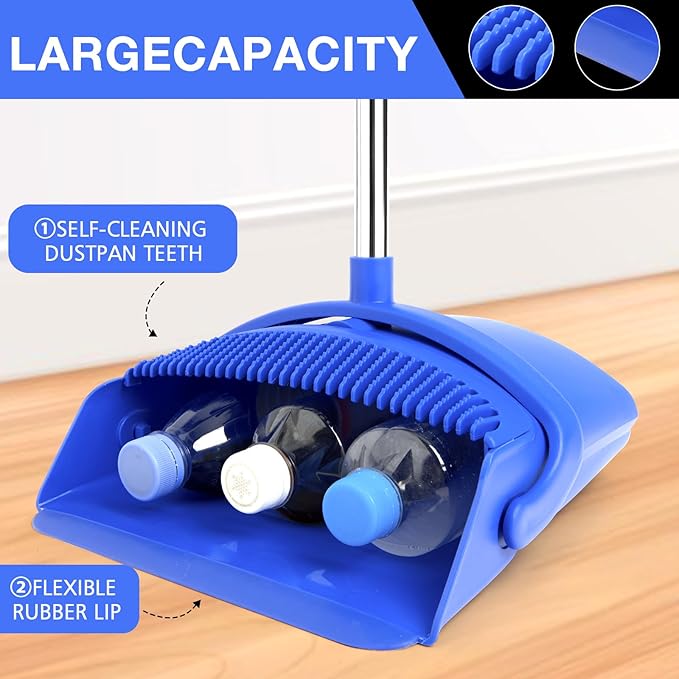 XXFLOWER Broom and Dustpan Set, Long Handle Lightweight Dustpans with Broom Combo for Home, Indoor&Outdoor Sweeping for Home Room Kitchen Office Lobby (Dark Blue)