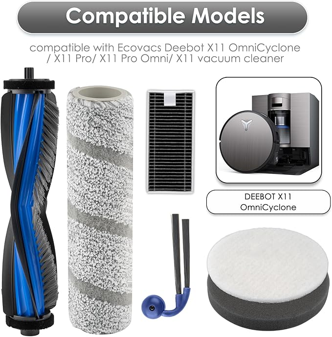 20 Pack X11 OmniCyclone Replacement Parts for ECOVACS DEEBOT X11 OmniCyclone Robot, 2 Roller Brushes, 2 Roller Mops, 6 HEPA Filters, 2 Grey+2 White Foam Filters for Base Station, 6 Side Brushes