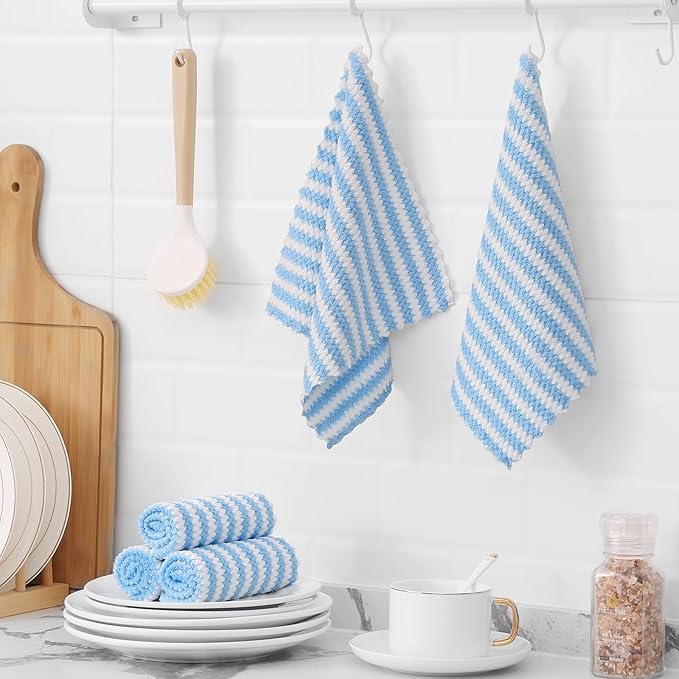 Homaxy 24 Pack Kitchen Dish Cloths, Ultra Soft and Absorbent Dish Towels, Reusable Fast Drying Microfiber Cleaning Cloth, Coral Velvet Wave Design No-lint, 10 x 10 inches, Blue