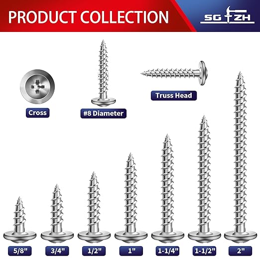 #8 x 2 Inch Wood Screw 100Pcs 410 Stainless Steel Standard Thread Truss Head Fast Self Tapping by SG TZH