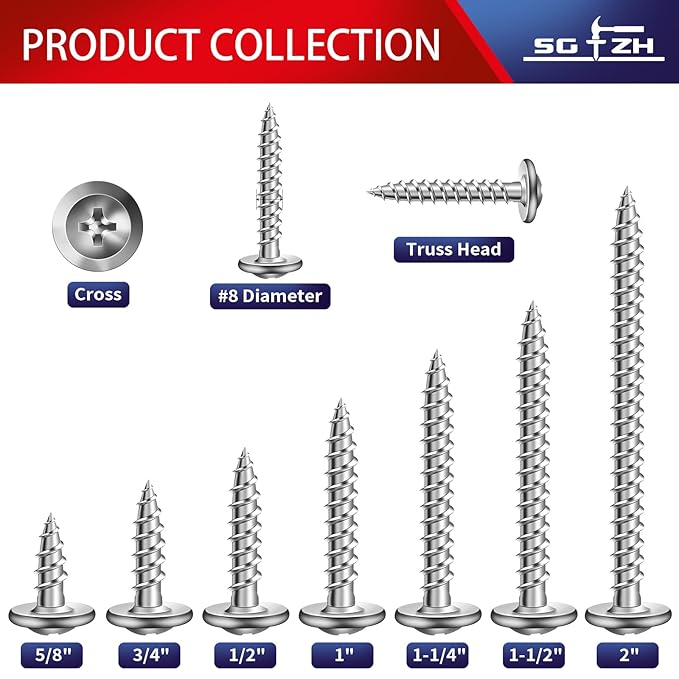 #8 x 1/2" Wood Screw 500Pcs 410 Stainless Steel Standard Thread Truss Head Fast Self Tapping by SG TZH