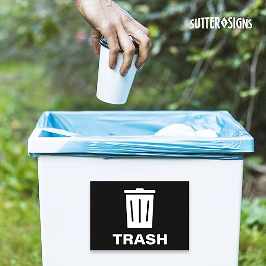 Trash Stickers, Self Adhesive Weatherproof Vinyl Stickers, Black, 7" x 10" (Pack of 4)