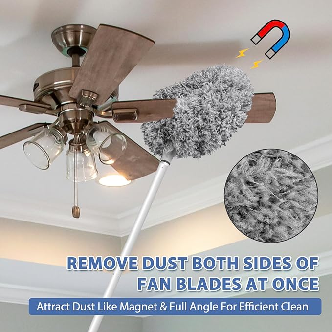 Ceiling Fan Cleaner Duster High Ceiling Extended Fan Blade Cleaner from 13 to 50 Inch Reusable Microfiber Ceiling Fan Duster with Extension Handle for Furniture Bookshelves Wall Door (Gray)