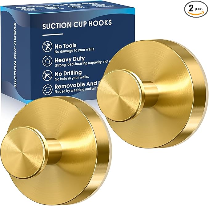 MOTAIPEAK Suction Cup Hooks,No Drill Shower Hooks for Inside Shower,Heavy Duty Towel Hooks for Wall,Bathroom,Kitchen,Glass,Mirror,Tile to Hang Towels,Loofah-Gold(2 Pack)