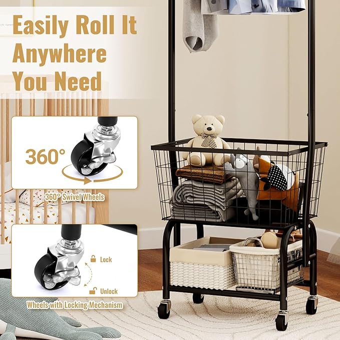 ALIMORDEN Laundry Cart with Clothes Rack, Rolling Laundry Butler with Wire Storage Rack，Black