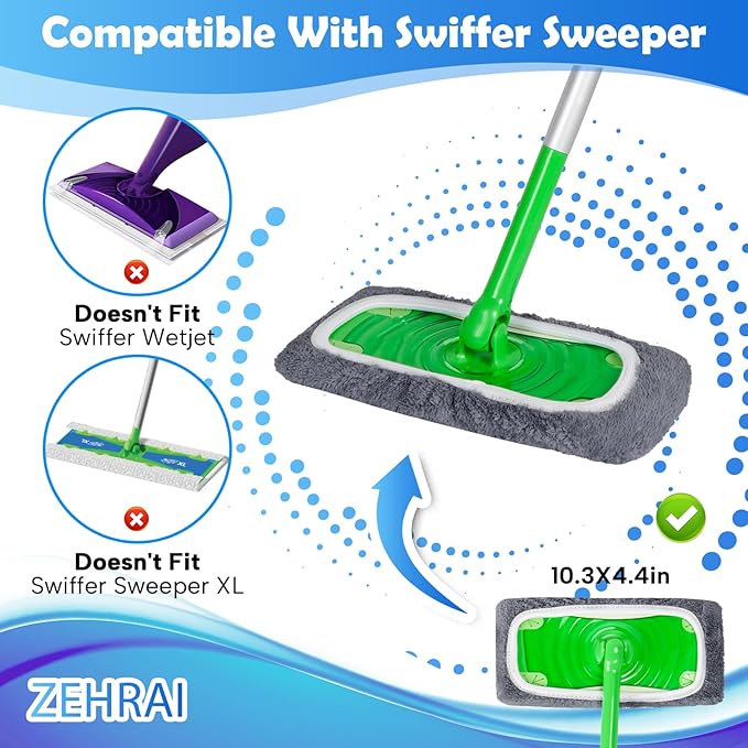 ZEHRAI 6 Pack Reusable Microfiber Mop Pads Compatible with Swiffer Sweeper Mop, Dry Sweeping Cloths & Wet Mopping Cloths, Washable Wet Pads Refill for Hardwood Surface Floor Cleaning
