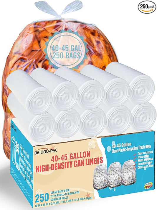 BEIDOU-PAC 40-45 Gallon Trash Bags, 250 Count Bulk, Heavy Duty Clear Plastic Recycling Garbage Bags, Multi-purpose Can Liners for Business Home Commercial, Industrial Contractors, Storage, Outdoor