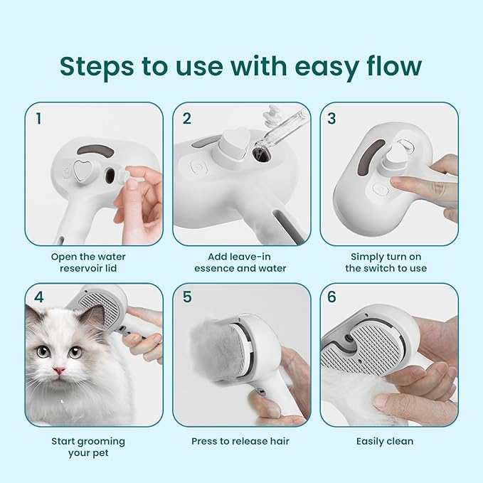3 In 1 Steam Grooming Brush for Cats & Dogs, USB Rechargeable Hair Removal Comb with Spray Mist, Includes 200 ml Shampoo for Indoor Pet Shedding & Detangling (White)