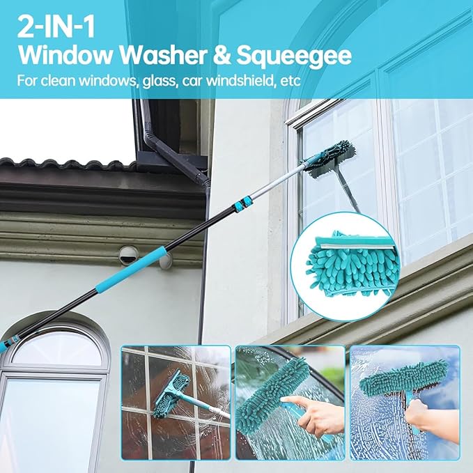 High Reach 3-8FT Extension Pole, Skylight Shades Operating Hook, High Ceiling Dusting and Window Cleaning Kit with Telescopic Pole, Window Washer & Squeegee, Cobweb Duster, Fan Duster, Feather Duster
